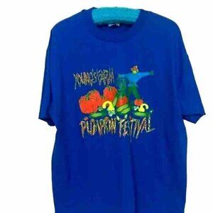 Single Stitch T Shirt Youngs Farm Pumpkin Festival  Neon Vintage Scarecrow XL
